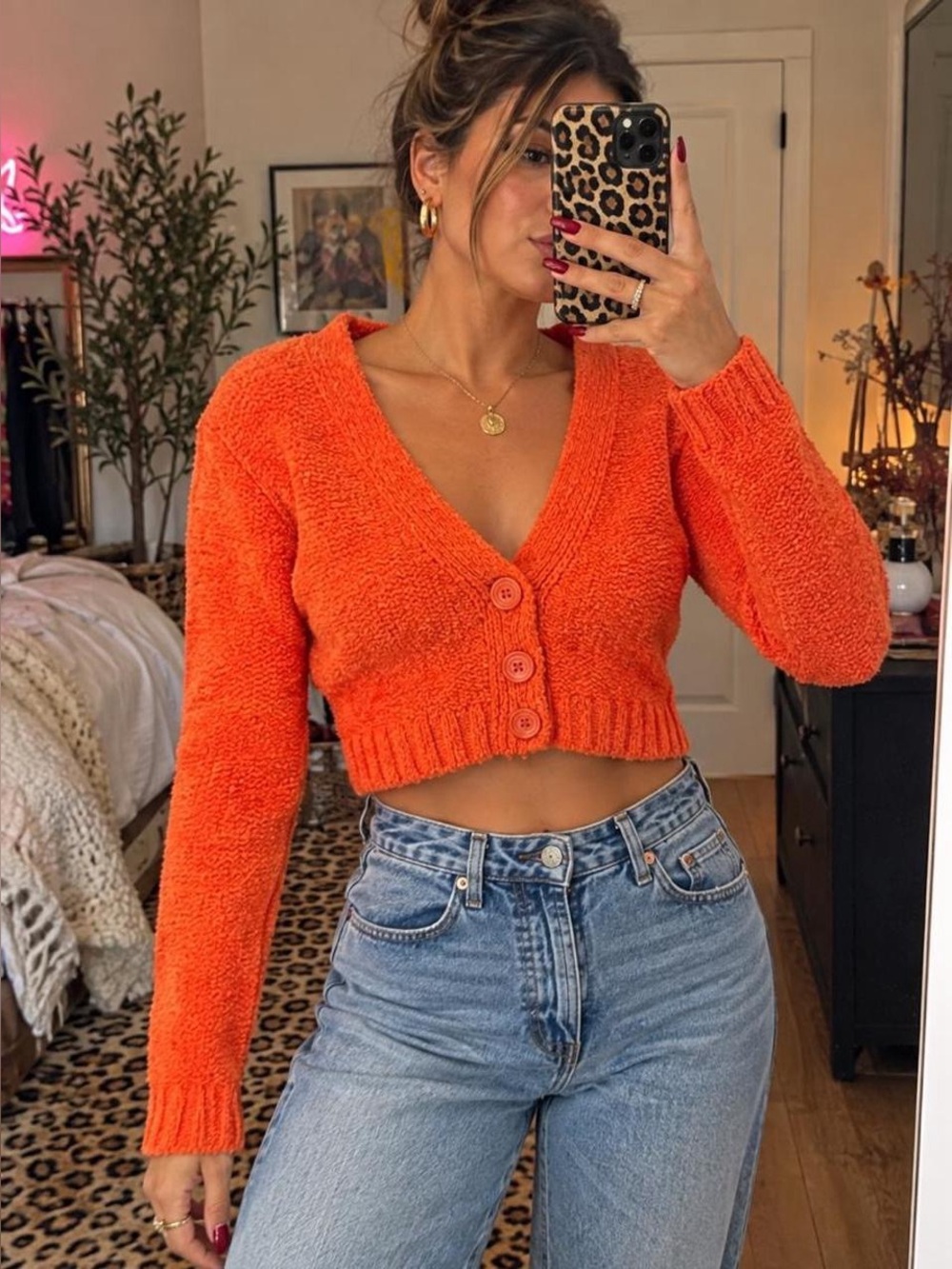 Urban Outfitters Orange Cropped Cardigan Sweater Small